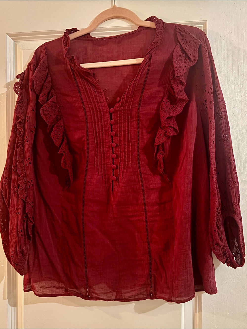 Women's Burgundy Ruffle Peasant Blouse